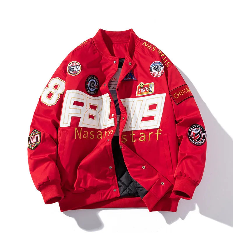Black American motorcycle baseball uniform jacket with side pockets and removable hood