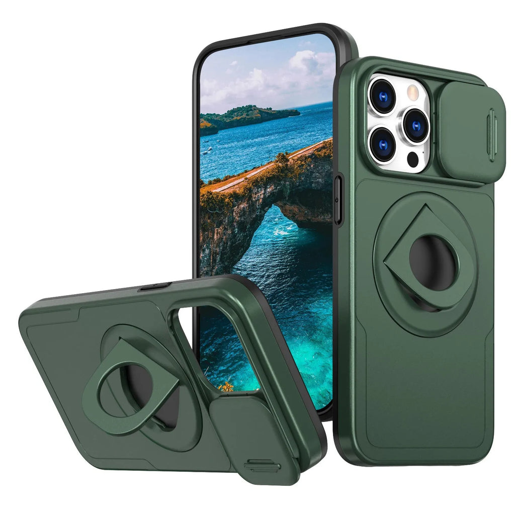 Phone case with sliding window magnetic ring and rotating bracket for Apple iPhone, shockproof PC TPU, black colour