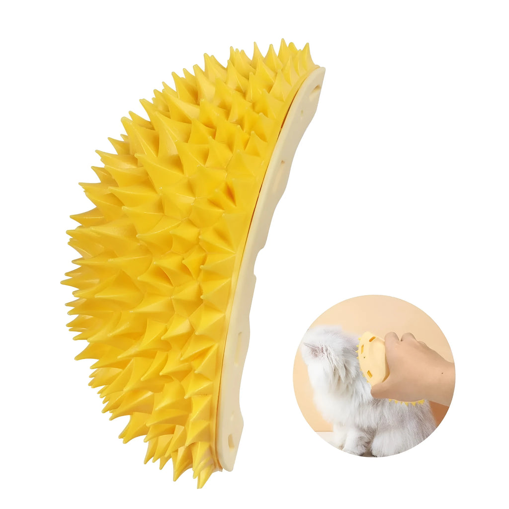 Yellow durian-shaped cat corner scratcher and grooming comb toy for indoor cats