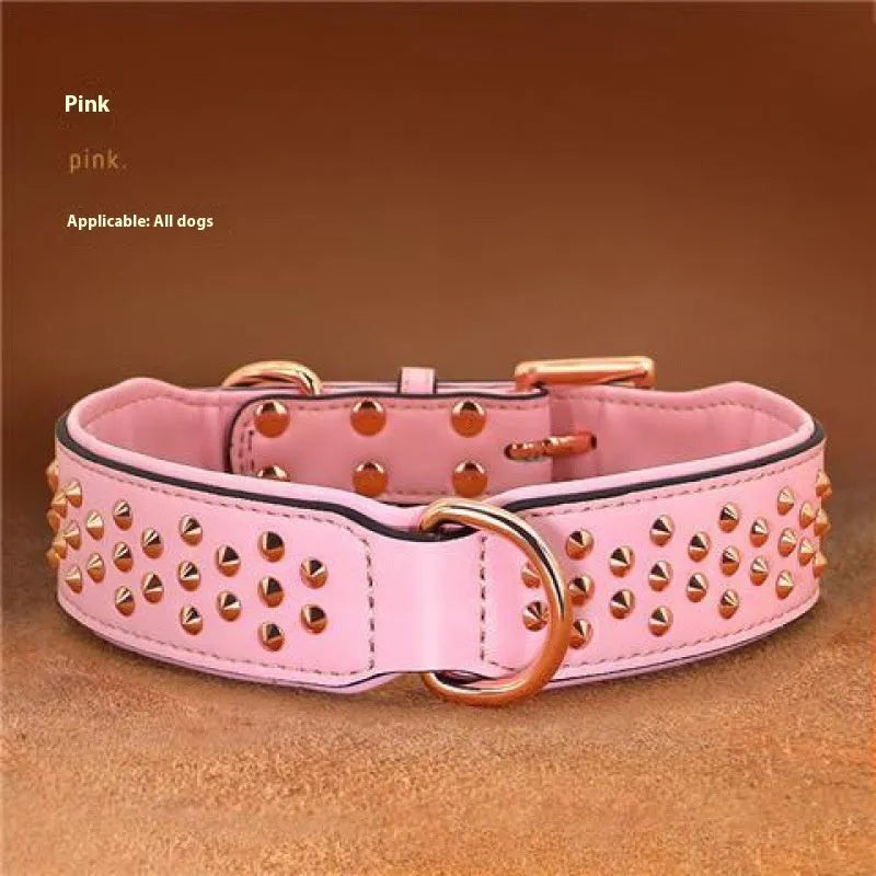 Leather dog collar with anti-bite rivets in black, chocolate, or pink colour options