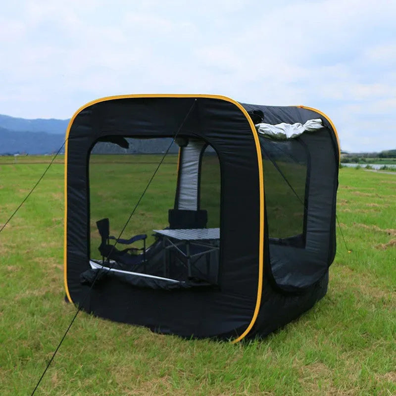 Black pop-up car tail tent with steel frame and waterproof Oxford cloth unfolded to 200cm cubic dimensions