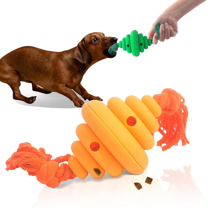 Green and yellow split oval dog ball with attached rope, a treat-dispensing chew toy