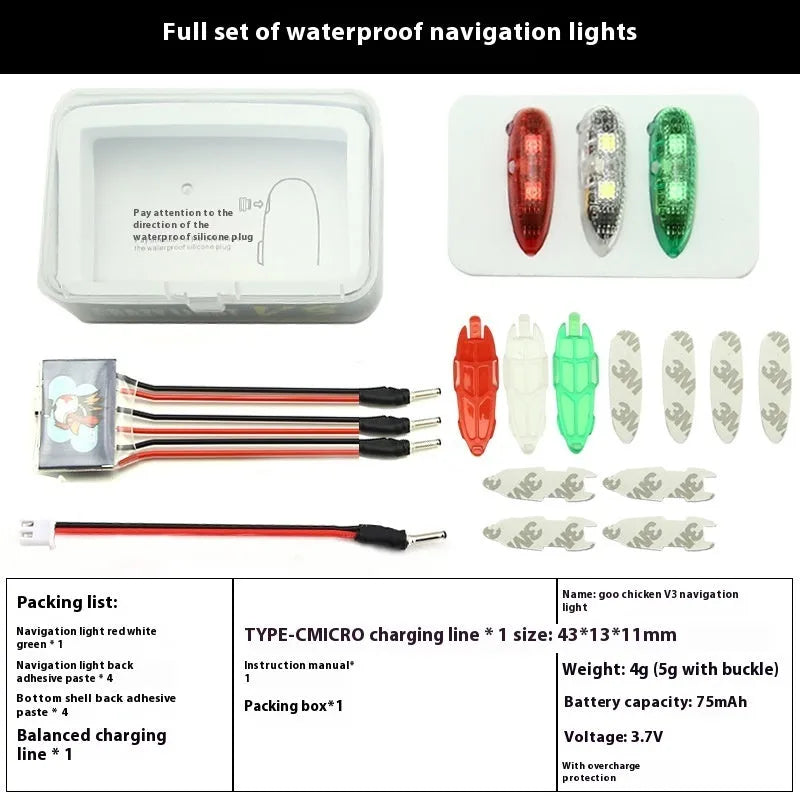 V3 wireless charging navigation light for model cars and boats, showing red, green, and white colour options.