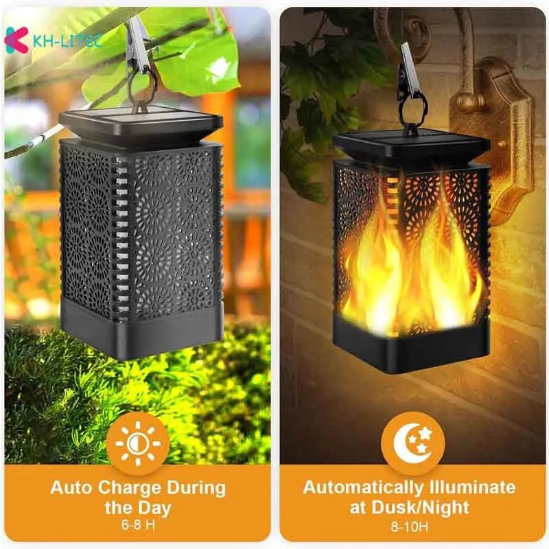 Set of four black solar-powered hanging lanterns with flickering flame LED lights for outdoor garden decoration.