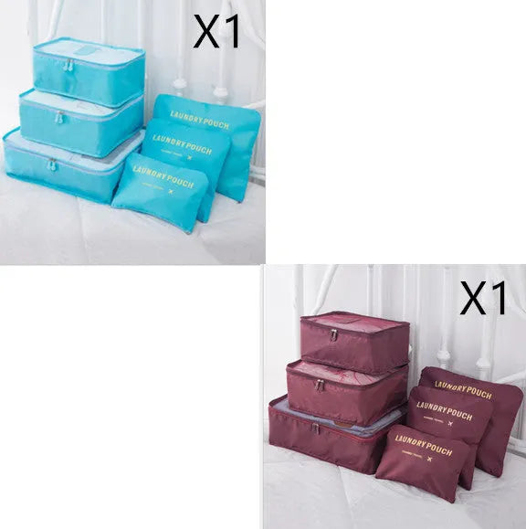 6 piece polyester travel storage bag set in hand bag type shape for clothes and cosmetic organisation, various colour options