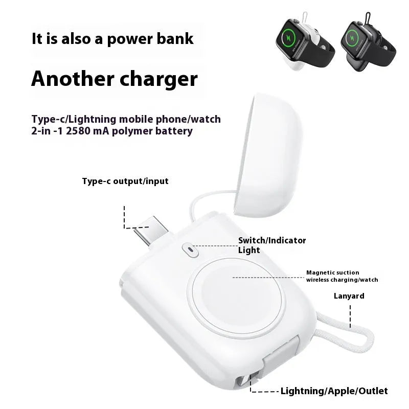 Three-in-one magnetic wireless charger power bank in black, compact 66x43x16mm with Type-C port