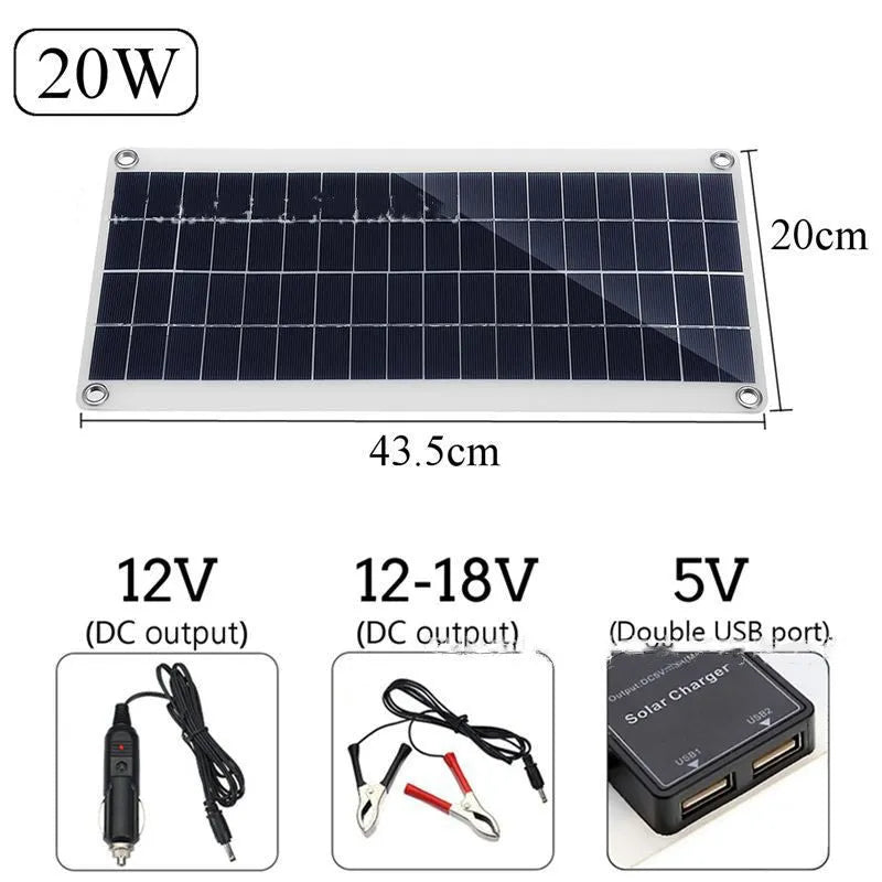 Outdoor solar panel with dual USB ports for charging mobile phones and tablets.