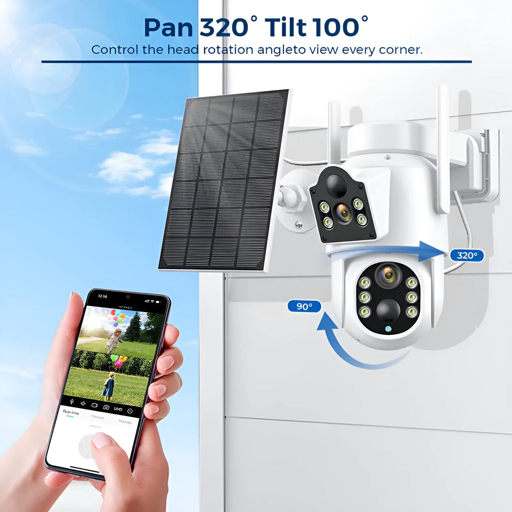 Outdoor solar wifi security camera with solar panel in black or white colour options