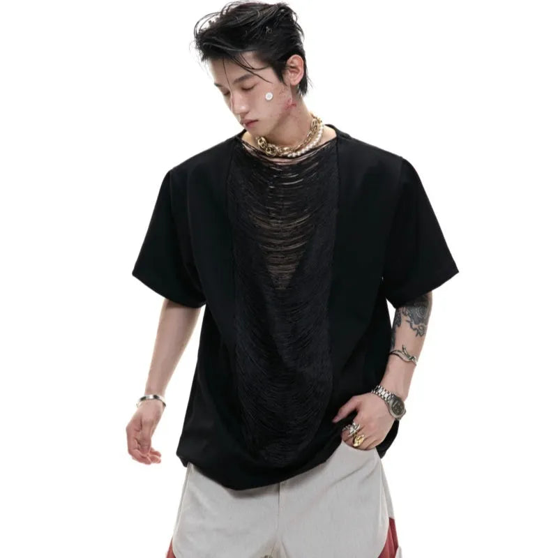 Black loose fit men's V-neck polyester T-shirt with short sleeves and tassel detailing