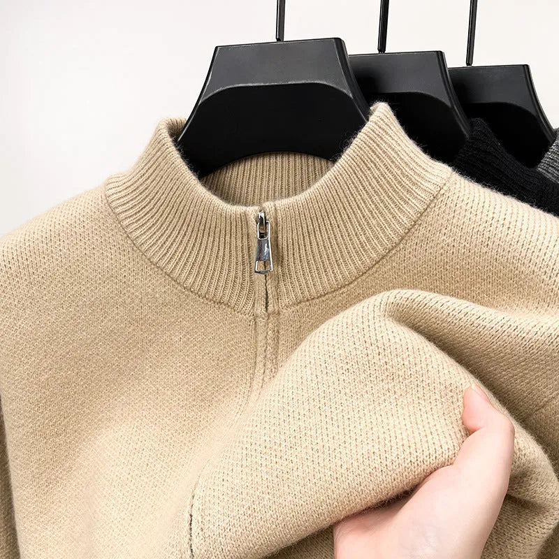 Men's loose-fit knitted cardigan with stand collar and front zipper in black, grey or beige
