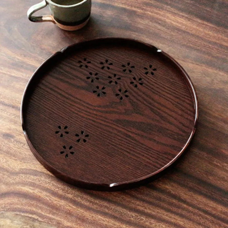 Wooden Japanese sakura pattern serving plate with cherry blossom cut-out design