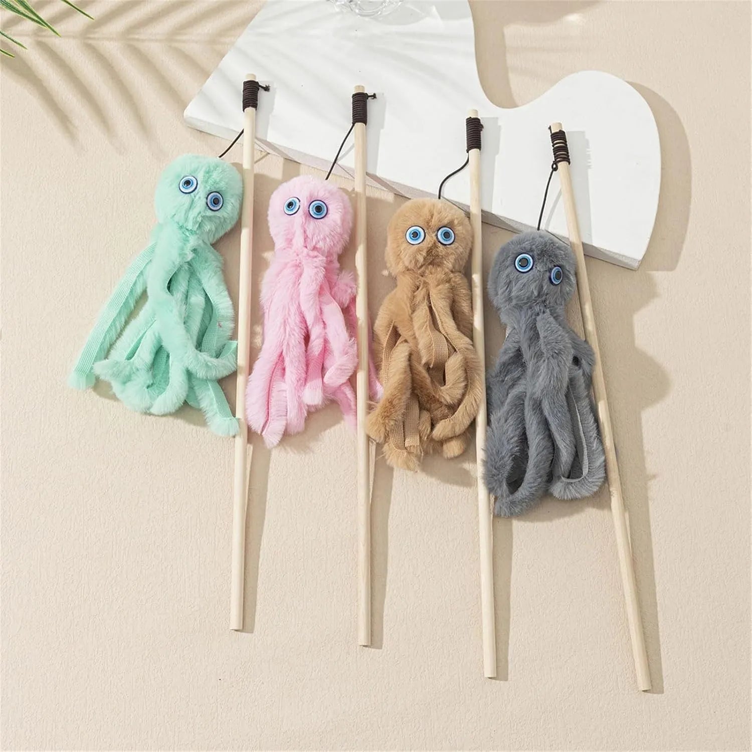 Octopus theme cat toy with long stick in bright colours for indoor kitten play