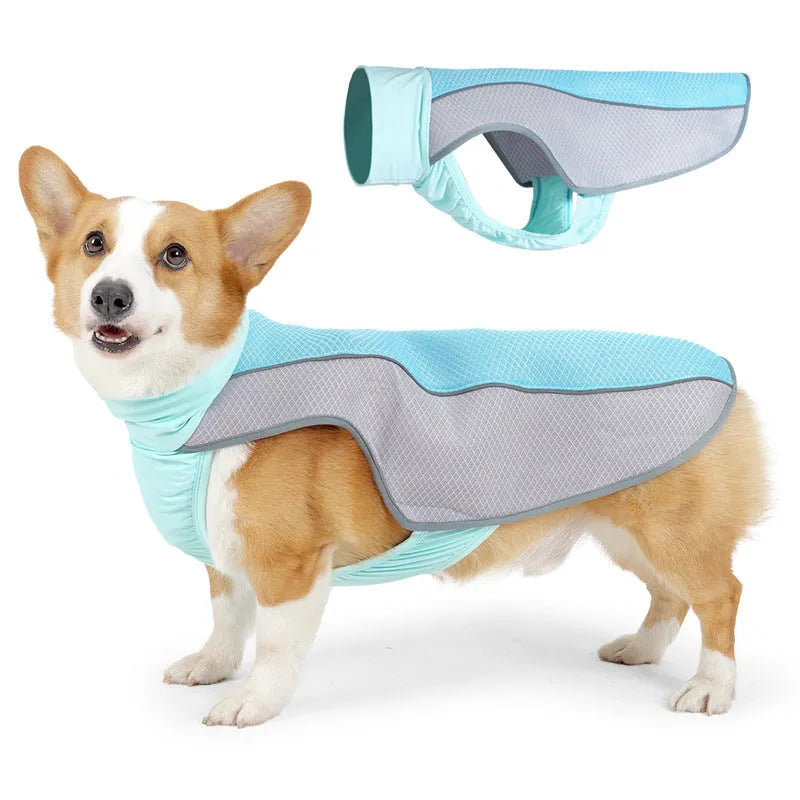 Light grey polyester dog cooling vest on a canine model, showing vest style and fit.