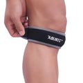 Black and grey patella retinaculum knee support for adult sports like running and football.