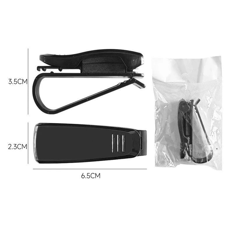 Black plastic clip for mounting sunglasses and cards on a car sun visor