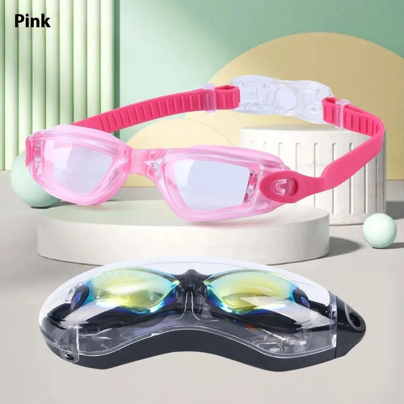 Children's large frame anti-fog swimming goggles in blue with silicone straps and glasses case