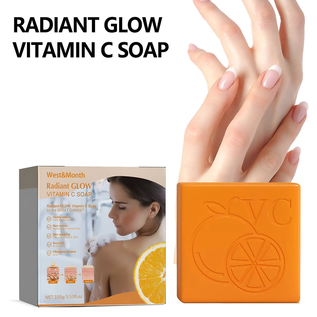 100g white vitamin C whitening soap bar with kojic acid and botanical extracts on a plain background.