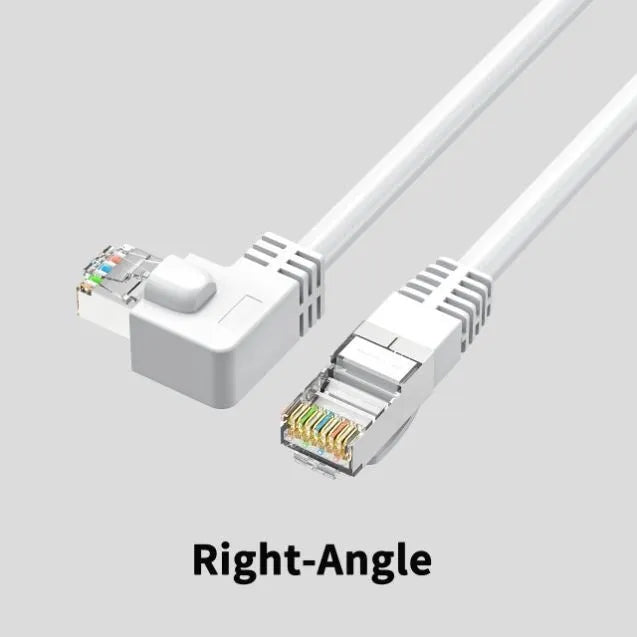 Cat6 Ethernet cable with right-angled RJ45 connector in various colours and lengths