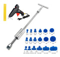 Automotive dent repair tool kit with T-shaped hammer and blue adhesive pads for car body repair