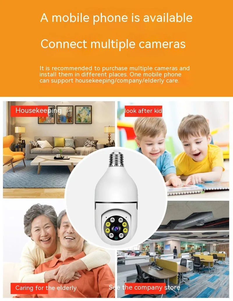 Wireless bulb camera with plastic and metal housing measuring 5cm by 12cm for indoor and outdoor monitoring