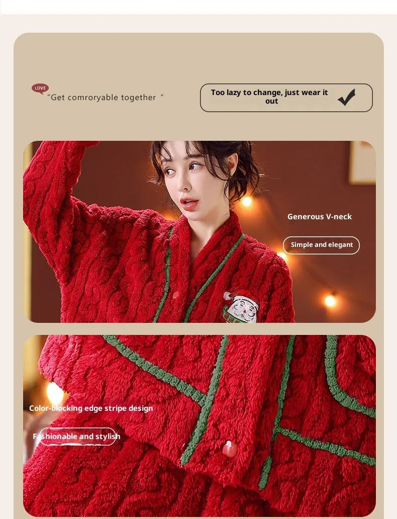 Winter women's flannel homewear set in red Christmas print with long sleeves and trousers on model