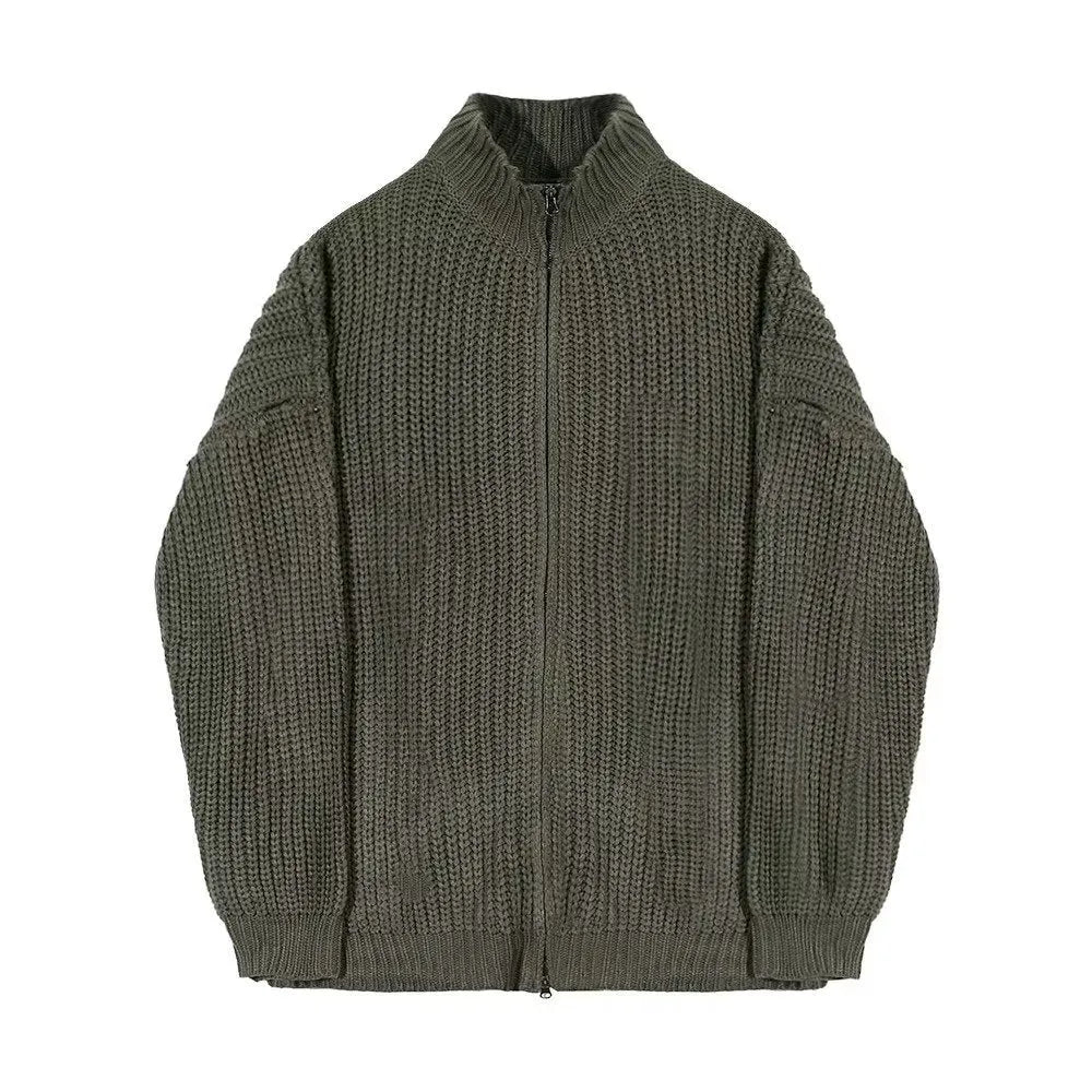 Men's half turtleneck solid colour cardigan sweater coat in black, loose fit, long sleeves
