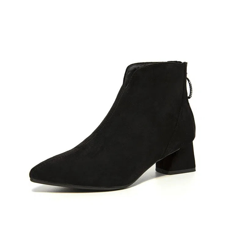 Women's chunky-heeled pointed-toe short Martin boots with suede upper, rubber sole, back zipper, black colour