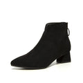 Women's chunky-heeled pointed-toe short Martin boots with suede upper, rubber sole, back zipper, black colour
