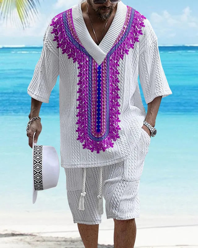 Men's knitted shorts suit with drop-shoulder short-sleeved top and matching shorts in printed design