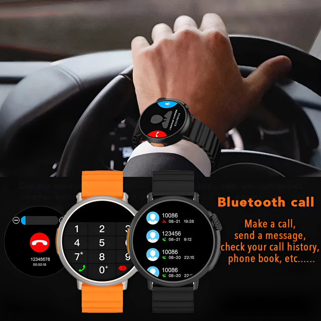 Smart watch with 1.6 inch AMOLED round screen, titanium alloy case, silicone strap, and health sensors