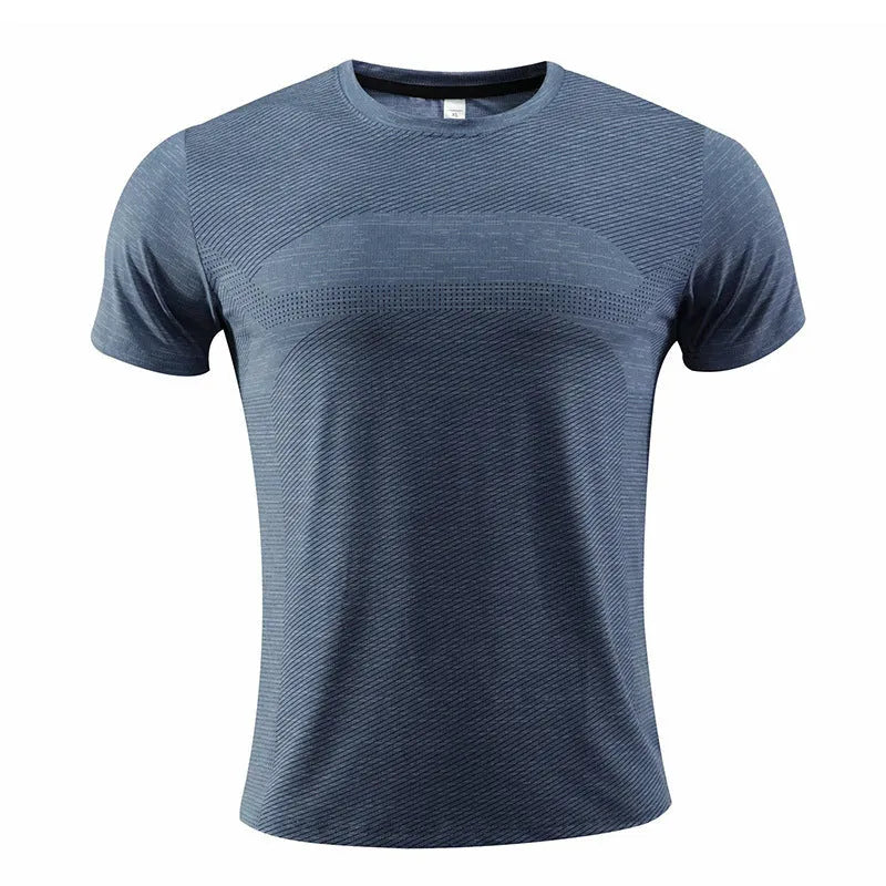 Men's short sleeve sports t-shirt in polyester spandex fabric for running and basketball.