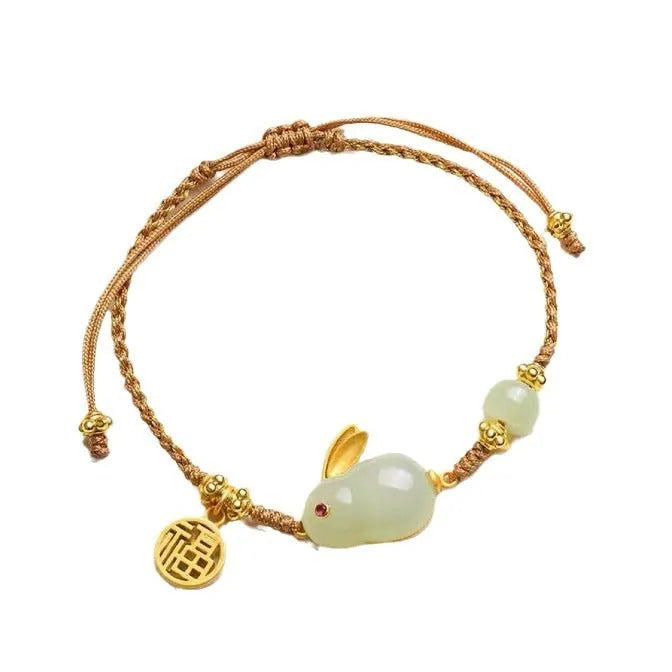 Women's rabbit bracelet with Hetian jade geometric charm on yellow string
