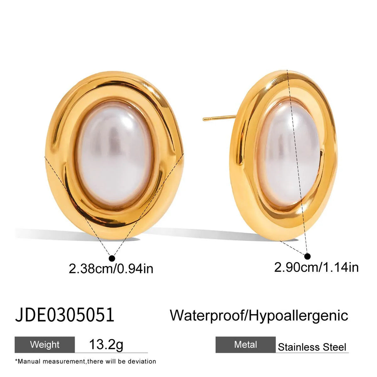 Close-up of stainless steel vintage pearl ear studs for women with a non-fade electroplated finish.