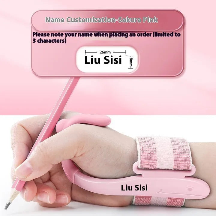 Blue Anti-hook Holder Pen Control Corrector, a wrist brace and pencil grip for children's handwriting.