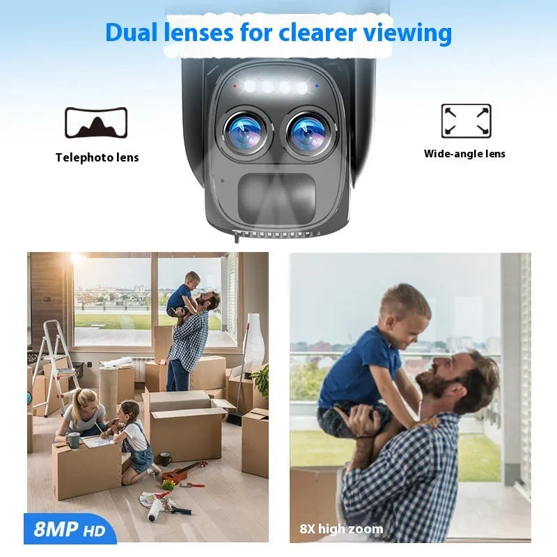 Solar-powered outdoor security camera with 8x zoom lens for home surveillance monitoring