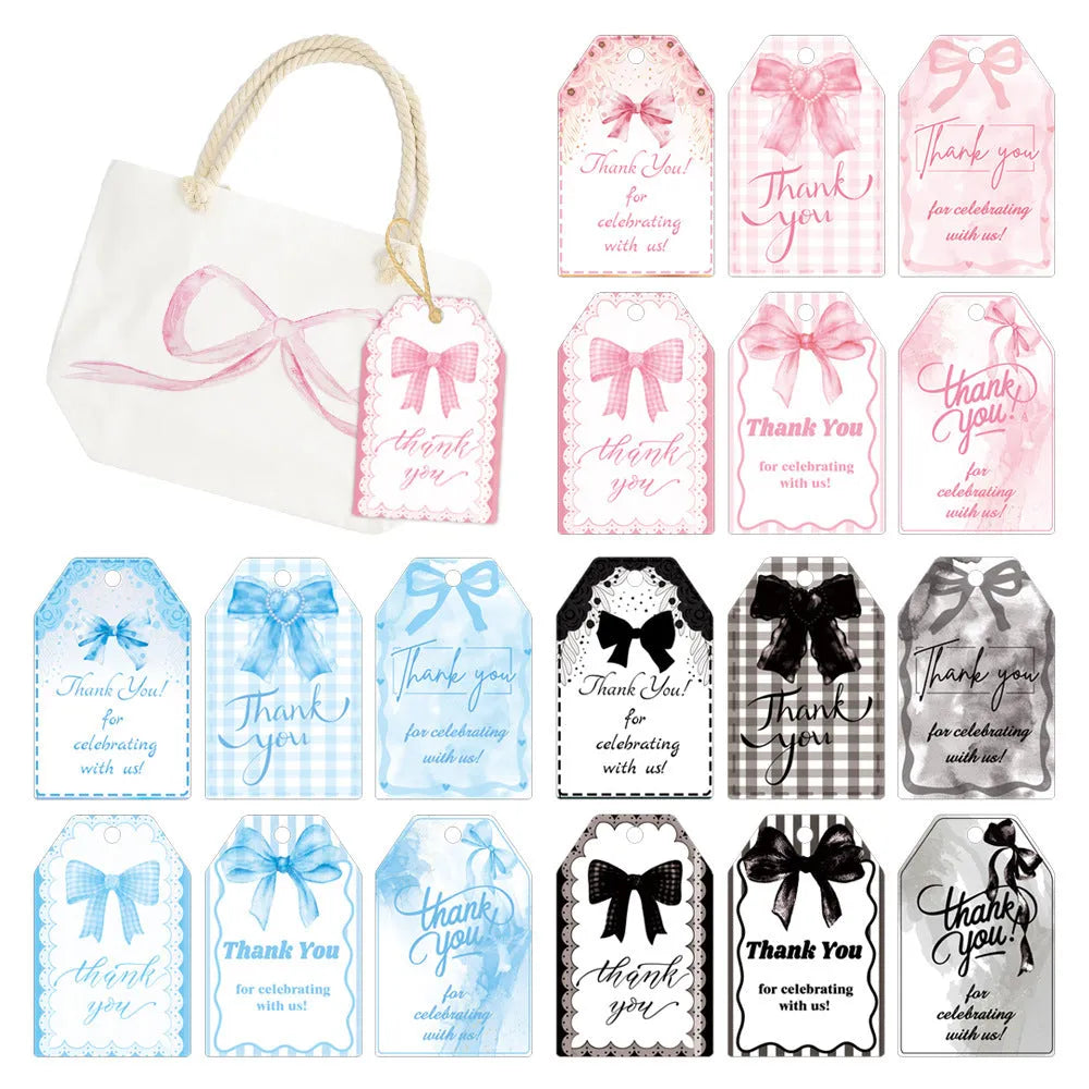 Creative bowknot gift label tags set showing three decorative styles with natural hemp rope ties