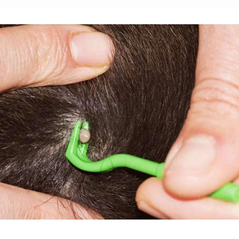 Set of three blue plastic tick removal hooks for dogs and cats on a white background.