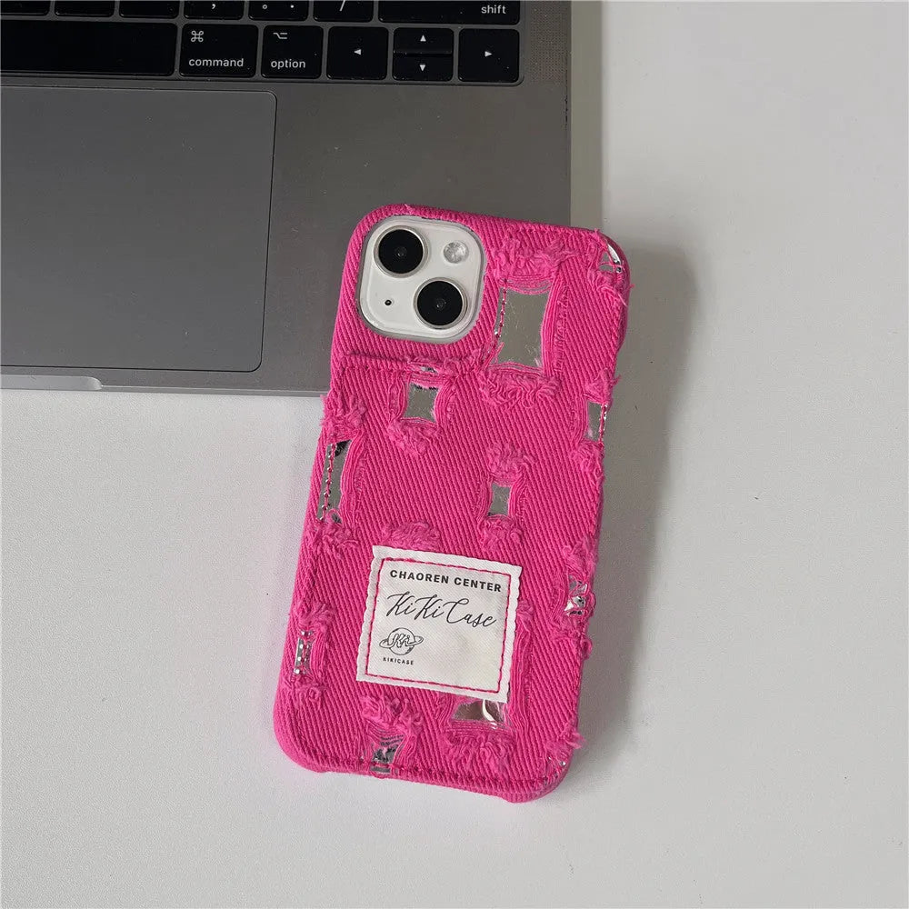 TPU mirror hole denim phone case for iPhone 12-15 series with rhinestone elements in rose red
