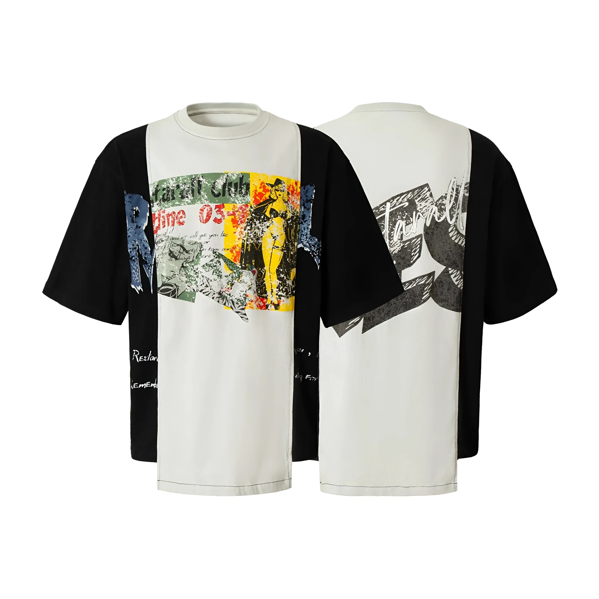 Black and white broken collage printed cotton blend t-shirt with loose streetwear fit and short sleeves