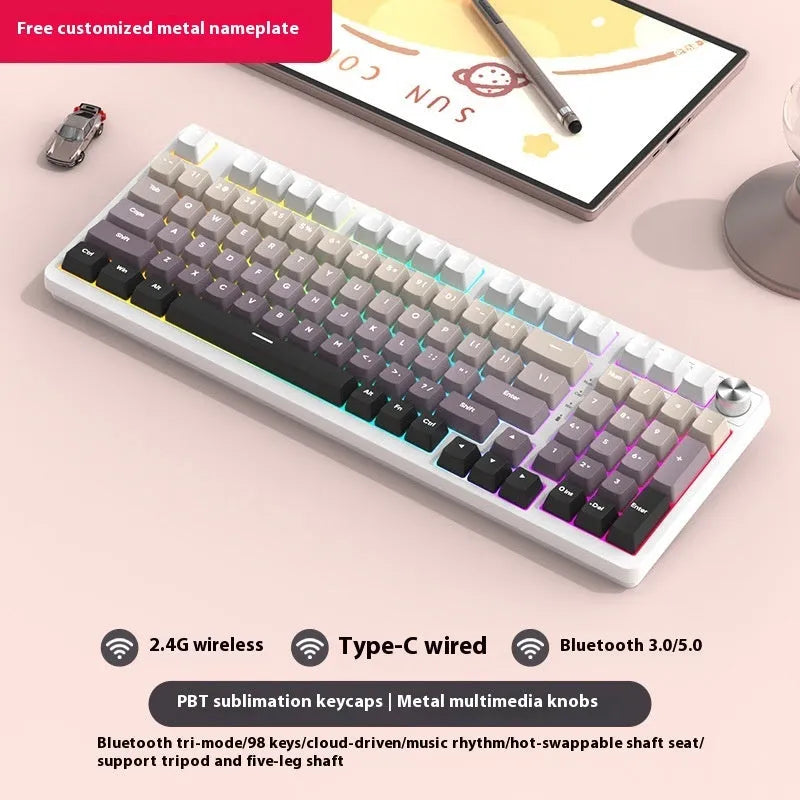 98-key wireless Bluetooth mechanical keyboard kit with metal knob and multiple colour background options