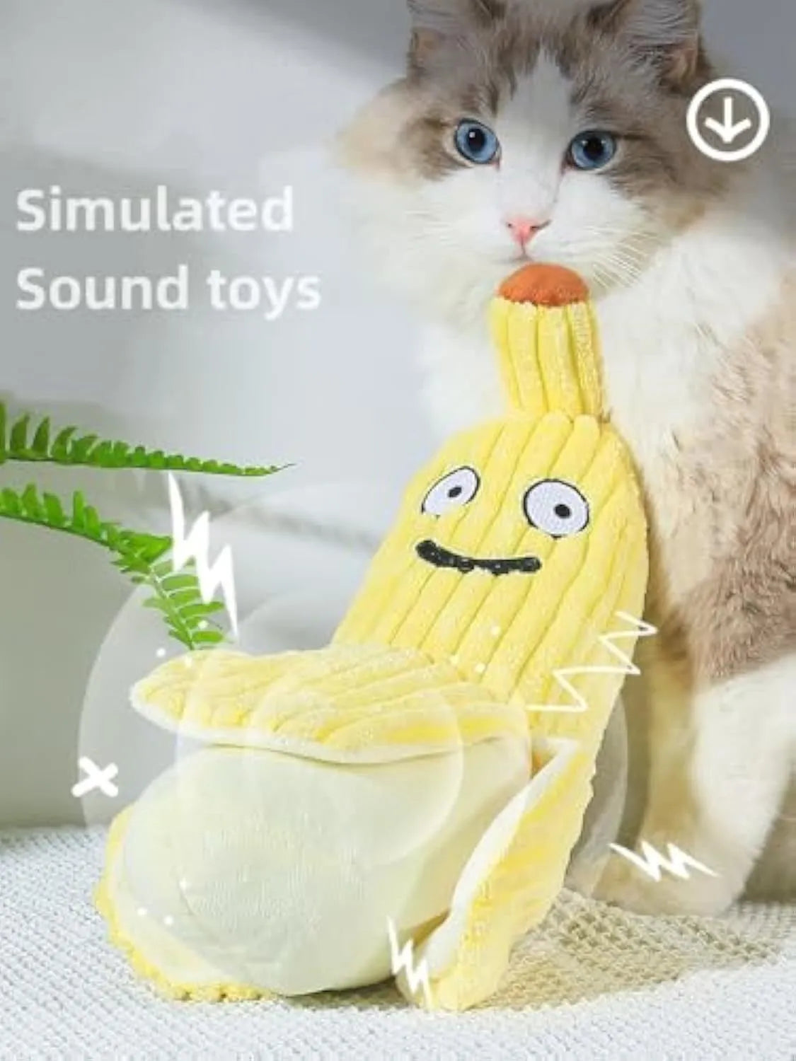 Yellow banana-shaped cat crinkle toy with catnip filling measuring 13 inches long