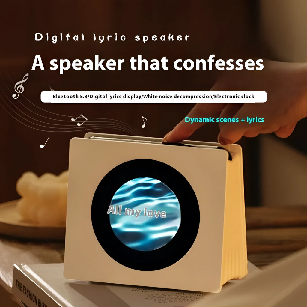 Floating Lyrics Dynamic Bluetooth Speaker Retro in Elegant White with lighting effects on desktop