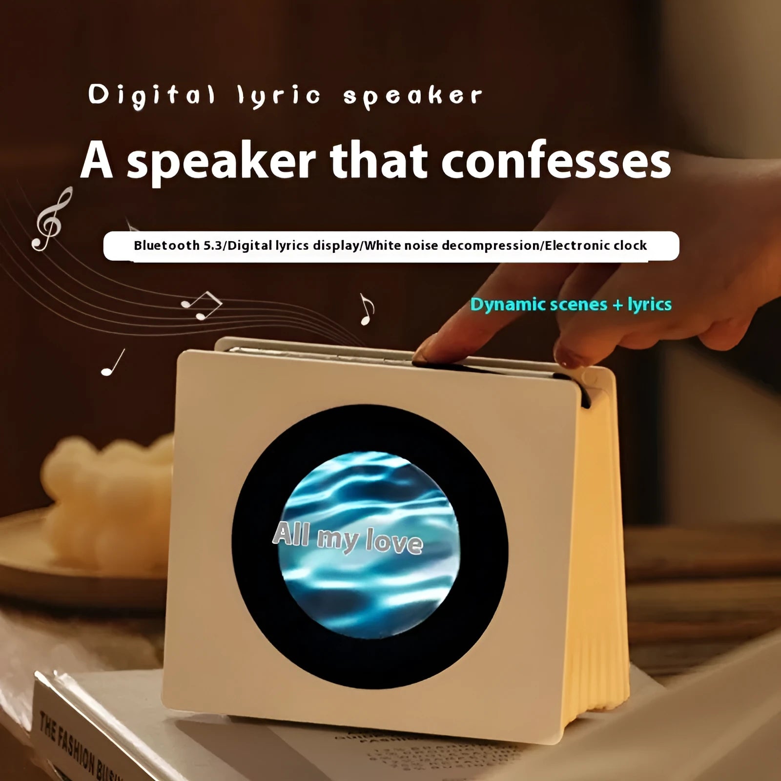 Floating Lyrics Dynamic Bluetooth Speaker Retro in Elegant White with lighting effects on desktop