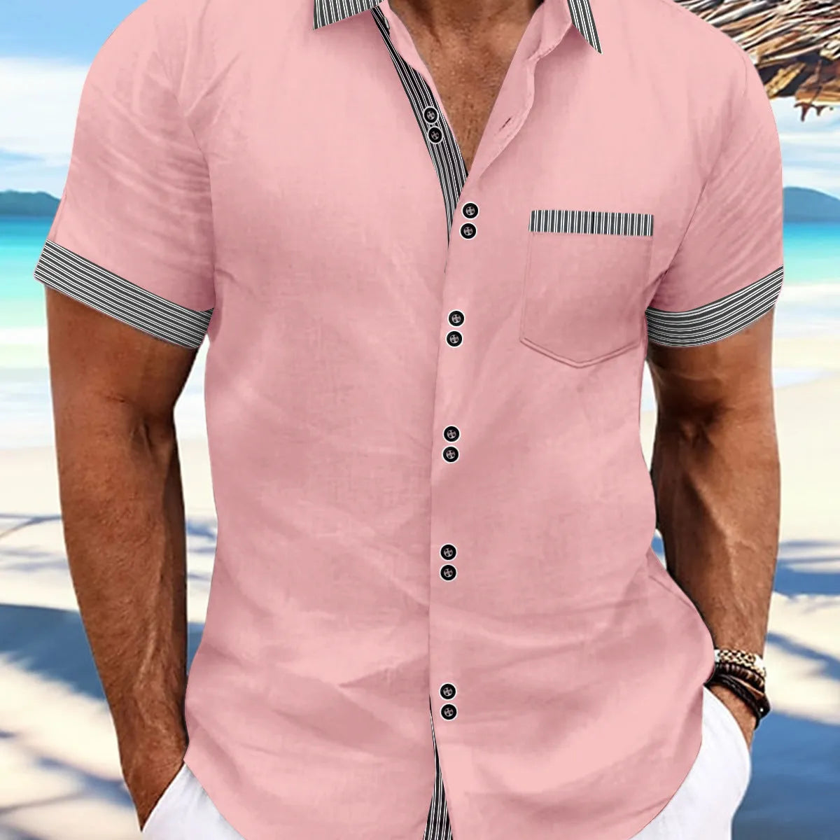 Man's slim fit striped short sleeve casual shirt in pure cotton, showing double button placket.