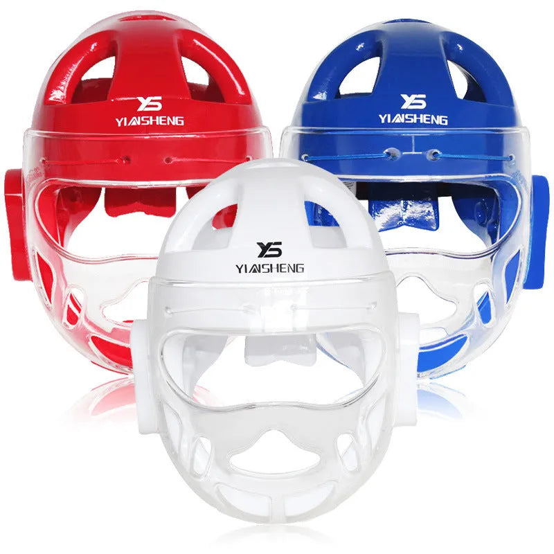 Karate helmet protective equipment for boxing training in white, blue, and red colours with multiple size options