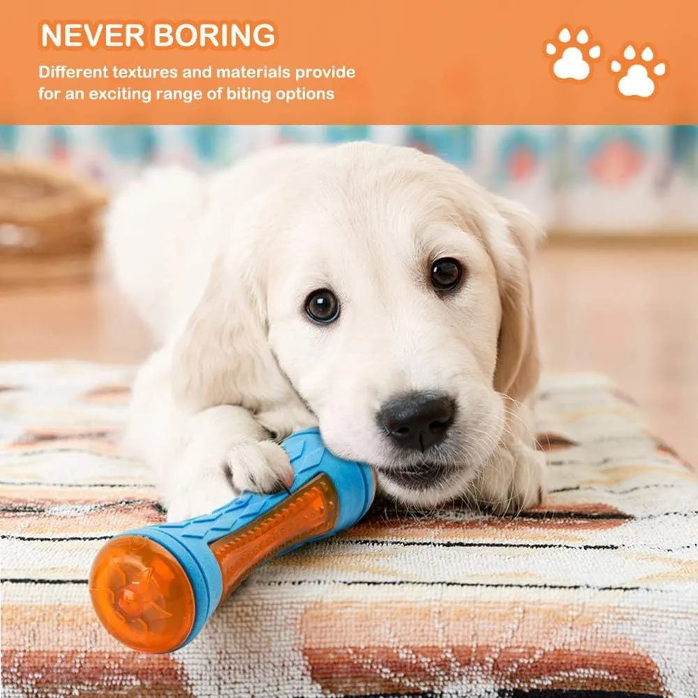 Three TPR dog toys - ball, barbell, and tires - with textured surfaces for teeth cleaning and floating capability