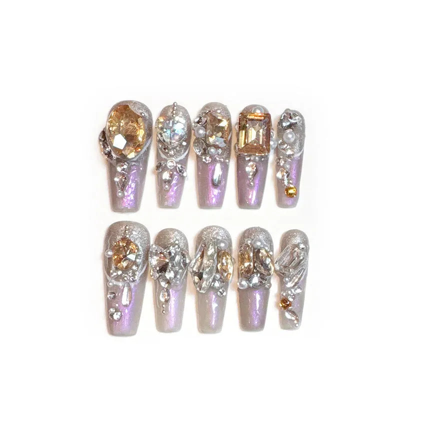 S Number false nail patches with luxury rhinestone decoration and phototherapy sealing layer