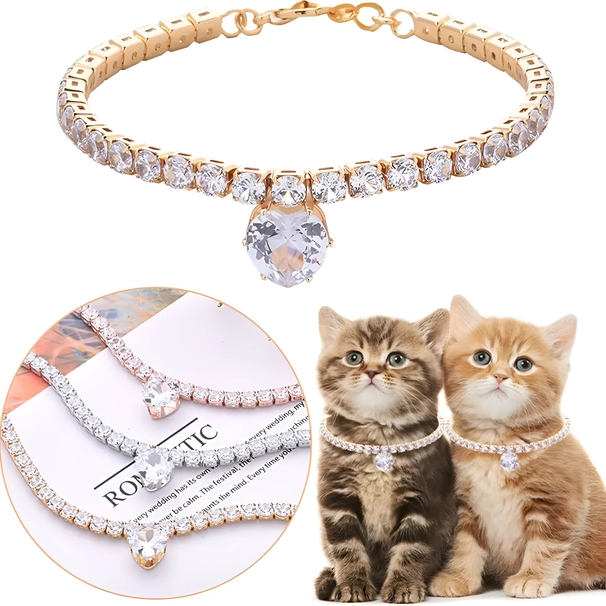 Gold rhinestone heart-shaped decorative collar for cats and dogs with adjustable sizing