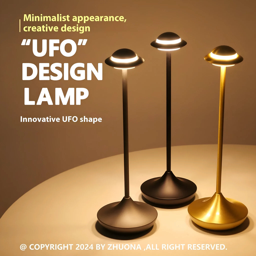 Rechargeable UFO desk lamp with metallic construction in gold, grey or black with touch dimming controls
