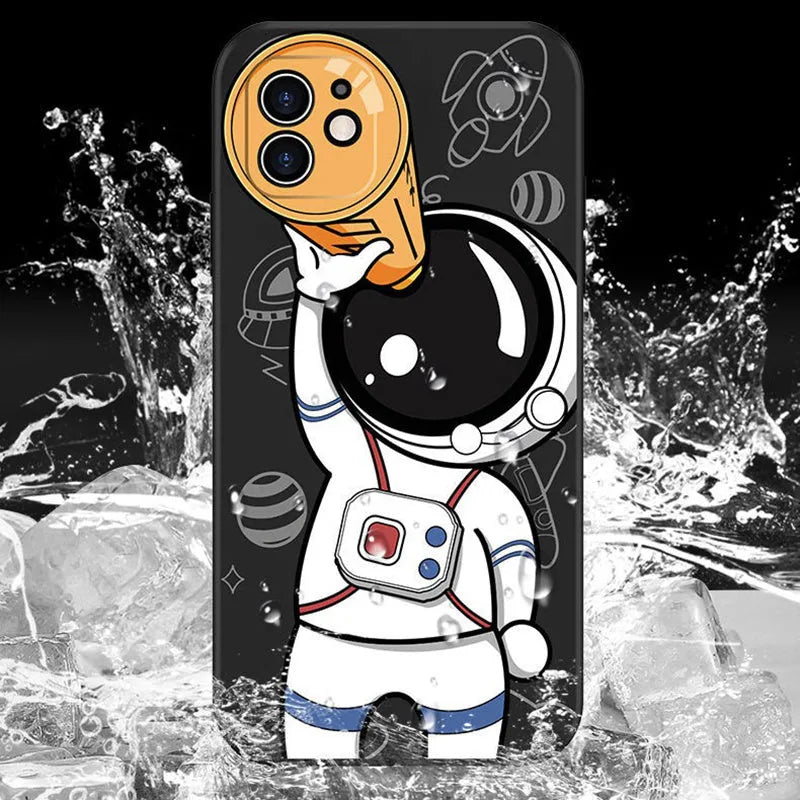 Silicone iPhone case with cartoon astronaut and starry sky design in blue.